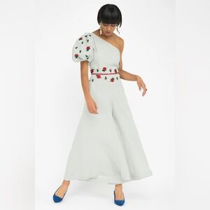 Fanm Mon One-Shoulder White Jumpsuit with Red Rose Embroidery